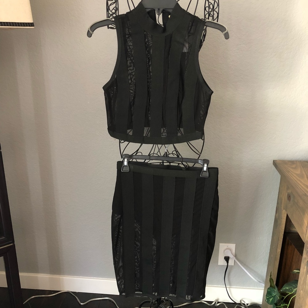 Black striped see-thru halter and pencil skirt set